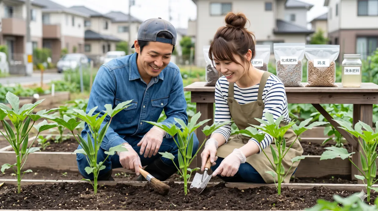 オクラ栽培を楽しむ日本人の夫婦。家庭菜園の畝の横で、複数の種類の肥料（鶏糞、化成肥料、液体肥料の袋や容器）を指差しながら、笑顔でオクラの生育について話し合っている。