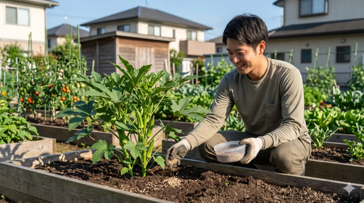 オクラの追肥作業をする若い日本人男性。夕暮れ時の明るい家庭菜園で、小さなプラスチック容器に入った粒状肥料（化成肥料）を、健康なオクラの株元（畝の肩）に丁寧に手で撒いている。オクラの株には、小さな実ができ始めている。