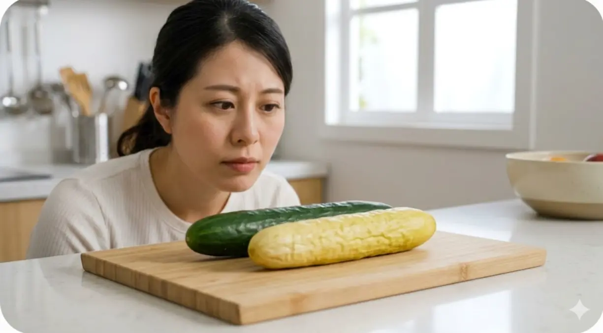 台所のまな板の上にある緑色と黄色のキュウリと、それを見つめる日本人女性。ククルビタシンによる苦味や食中毒への注意を想起させる光景。