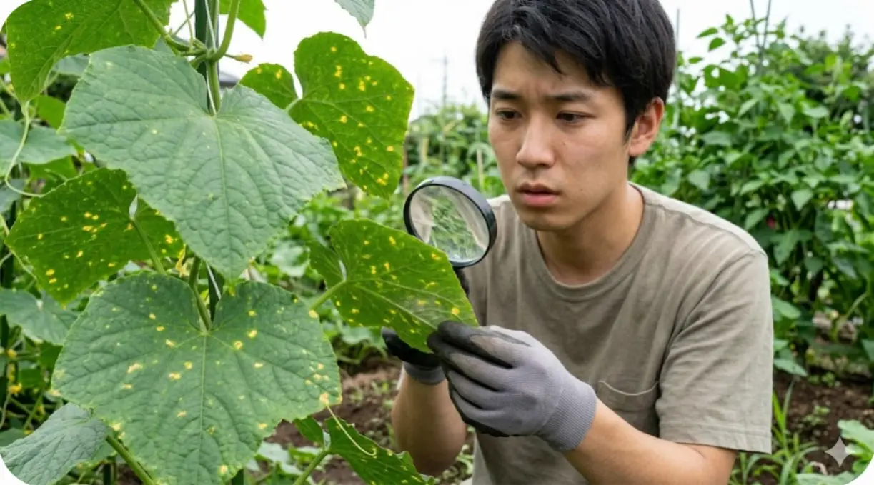 - 家庭菜園でキュウリの葉を点検する日本人男性。葉にべと病特有の黄色い斑点が発生しており、病気の診断と対策の重要性を伝えている。