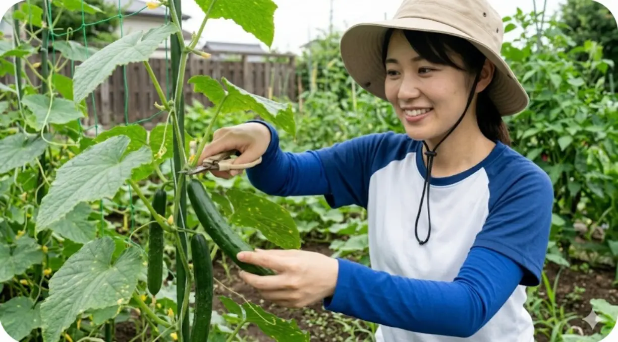 キュウリの栽培棚で摘心と葉かき作業を行う笑顔の日本人女性。日当たりと風通しを改善し、健康な実を育てるための剪定技術。