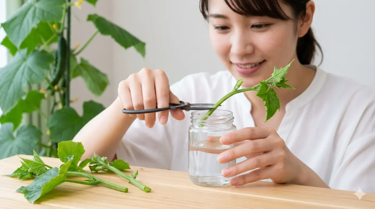 キュウリの脇芽を水挿しするために斜めにカットする日本人女性