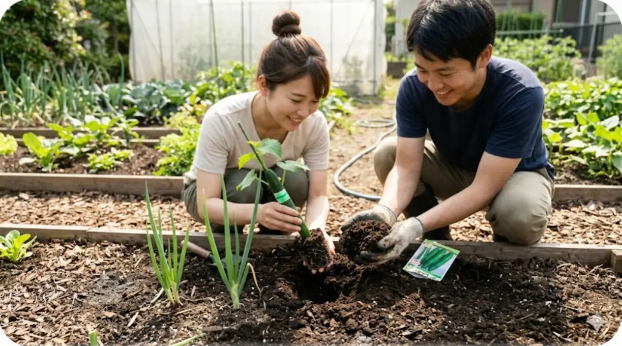 キュウリの連作障害対策として、病気に強い接木苗を植える日本人男性と、コンパニオンプランツとして長ネギの混植を準備する日本人女性。堆肥も用意され、土壌環境の改善を表現。