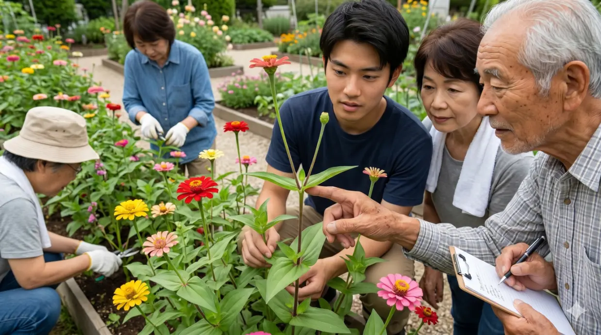 日本人の若者と高齢者が、庭でジニアの茎の節を指さし、脇芽が出る仕組みを確認している様子。植物の構造を理解しようとしている園芸の実践シーン。