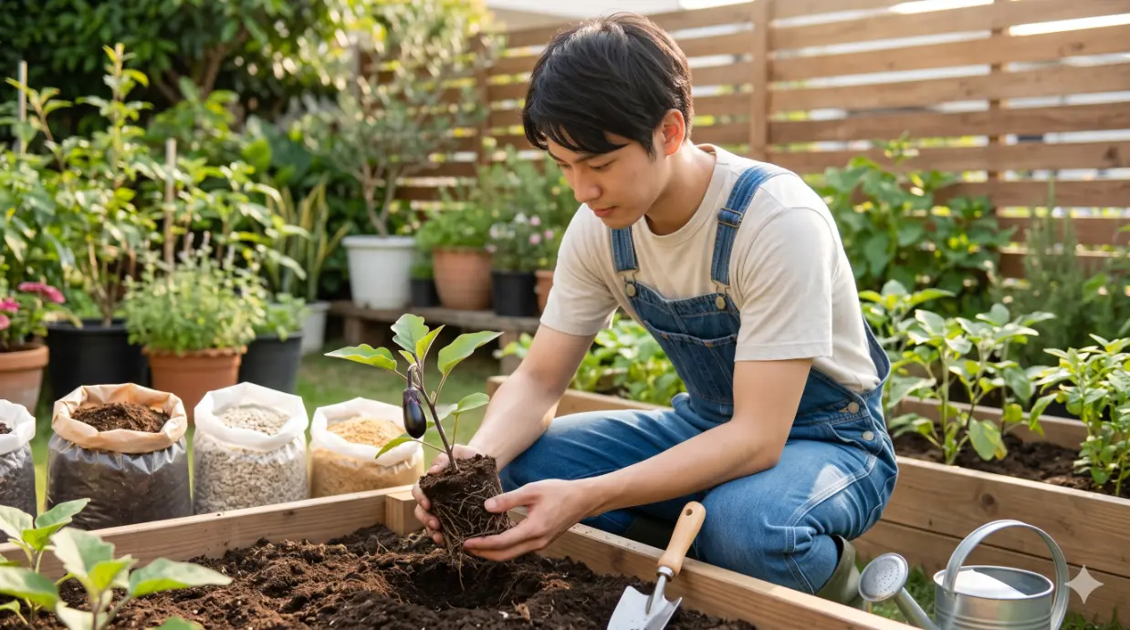 家庭菜園の木製レイズドベッドで、有機肥料の成分袋を背景に、苗の根元を観察しながら肥料を選ぶ若い日本人男性。