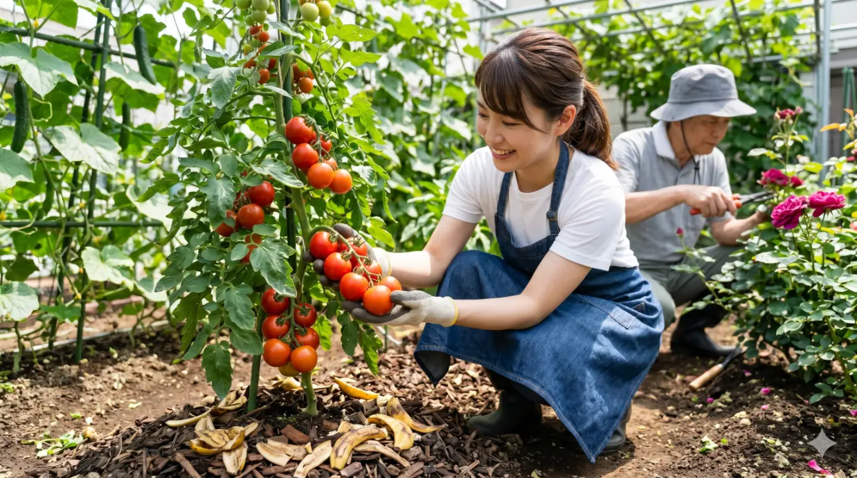 東京の共同庭園で、完熟したトマトの豊作を喜ぶ日本人女性。トマトの根元には乾燥させたバナナの皮が肥料として埋められており、カリウムの栄養効果が実を大きく育てる様子を強調している。奥ではバラの剪定をする日本人男性が映り込み、多様な対象植物と世代間での園芸活動を表現している。