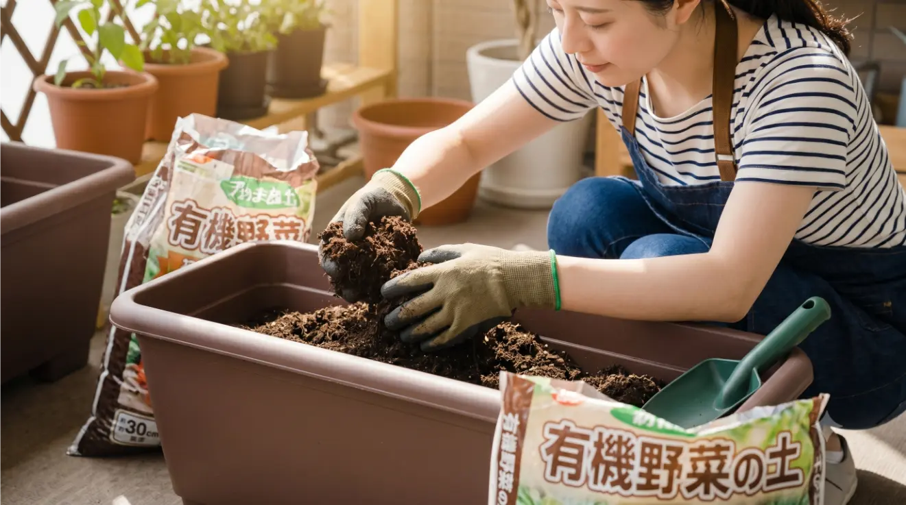 キュウリ栽培に適した深さ30cm以上の大型プランターに、袋から「有機野菜培養土」を素手で丁寧に入れている日本人の若い女性