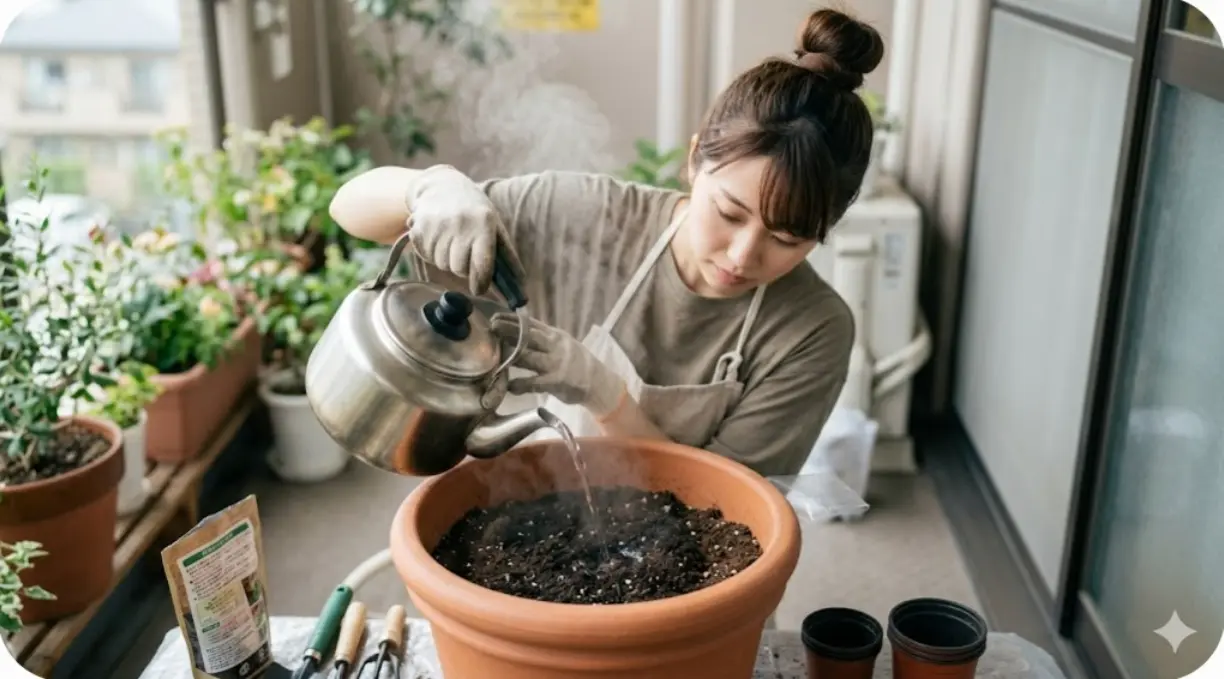 ベランダでキュウリを育てた後のプランターの古い土を、熱湯をかけて物理的に殺菌消毒する日本人の若い女性。土のリサイクル（再生）プロセスの最初のステップを表現。