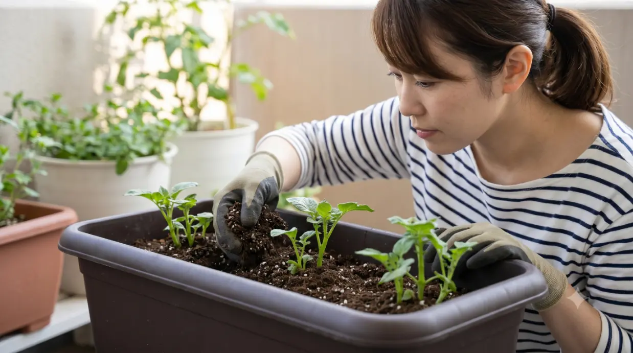 ベランダのプランターでジャガイモの増し土（土寄せ）作業をする日本人女性。肥料の流亡を防ぎ、限られたスペースでイモを太らせるコツ。