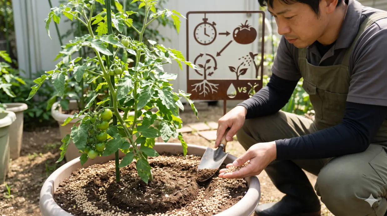 ミニトマトの追肥のやり方。株元から離して肥料を与える方法。