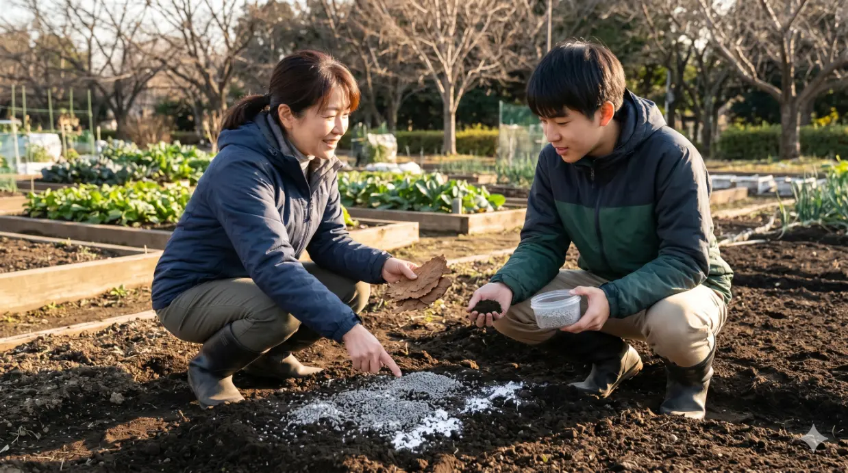 化成肥料と有機肥料の性格の違いと上手な使い分け方を解説する、日本人園芸家の様子。