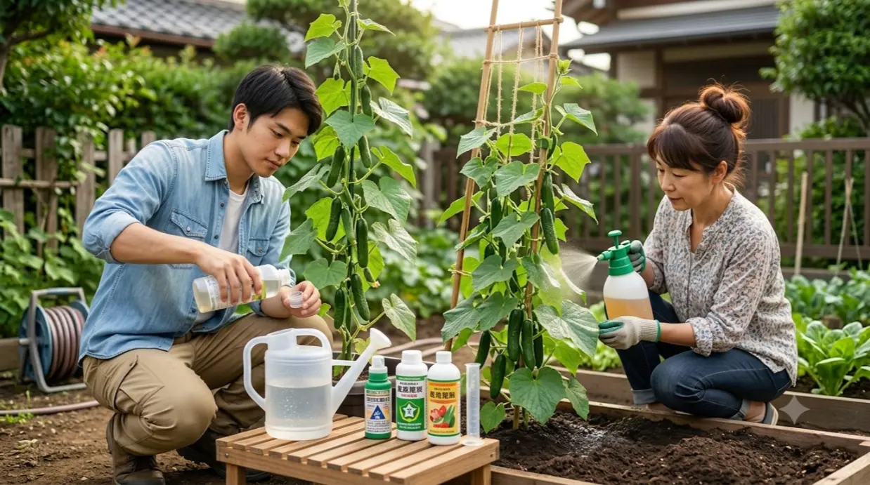 家庭菜園のキュウリ栽培で、即効性のある液体肥料（液肥）を水やり代わりにプランターの土に与え（土壌灌注）、同時に葉面散布で直接栄養を補給する日本人男女ガーデナーの様子を、自然光の中で捉えた16:9の写真。