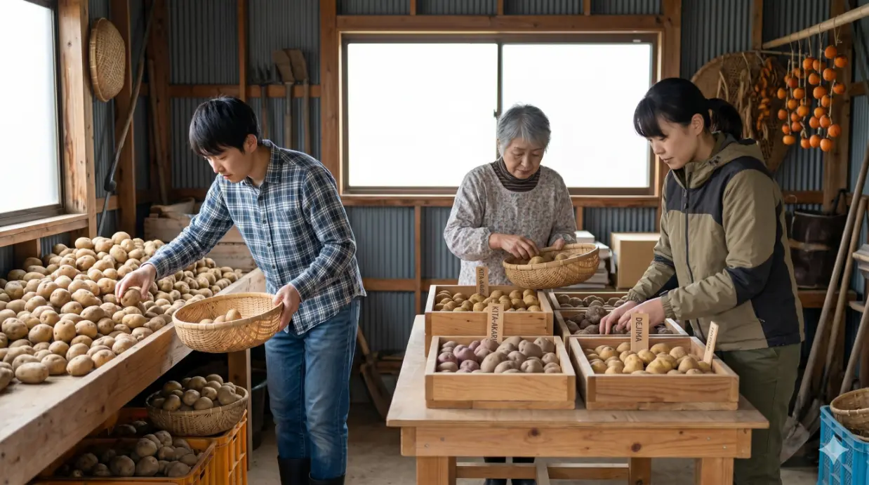 晩秋、風通しの良い日本の伝統的な農家の土間で、アジア人（日本人）の多世代家族が協力して、収穫したばかりの秋ジャガイモを竹かごや木箱に分類し、キュアリング（長期保存のための乾燥）と整理を行っている。適切な保存環境と手順を伝承している。