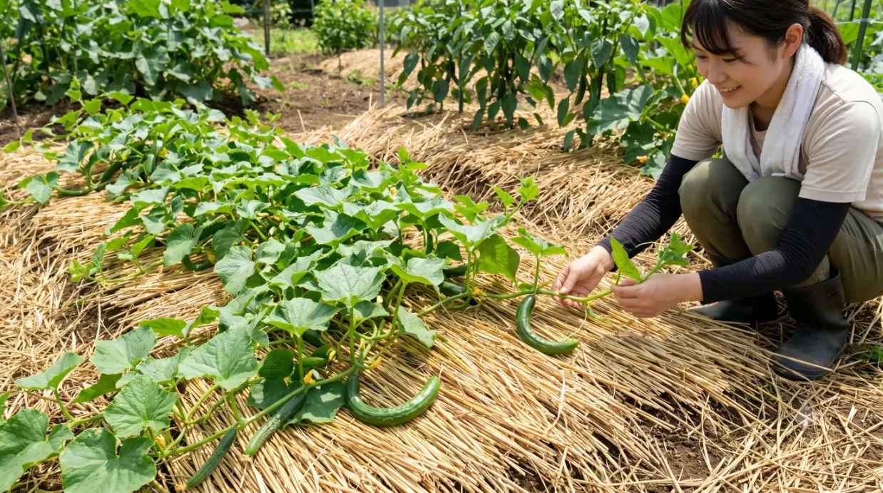 泥跳ねによる病気を防ぐため、株元に敷きワラが敷き詰められた地這いキュウリの畝で、日本人女性（20代）がつるを整えている。清潔で適切な管理が収穫量アップに繋がる様子を示す。