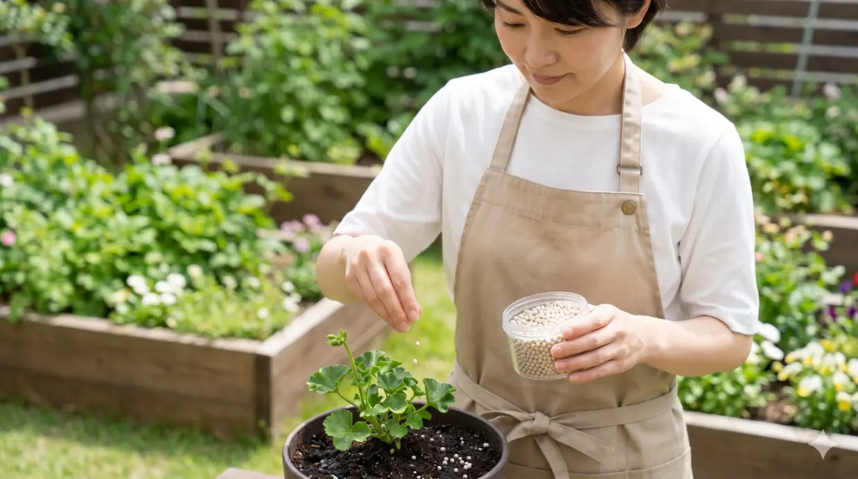 日本人の女性が庭でIB化成肥料を苗に与える様子