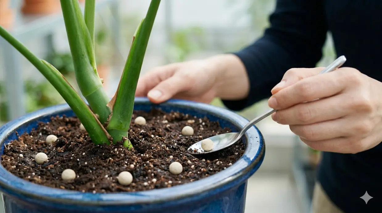 鉢植えの土の表面に置かれたIB化成肥料の粒と女性の手