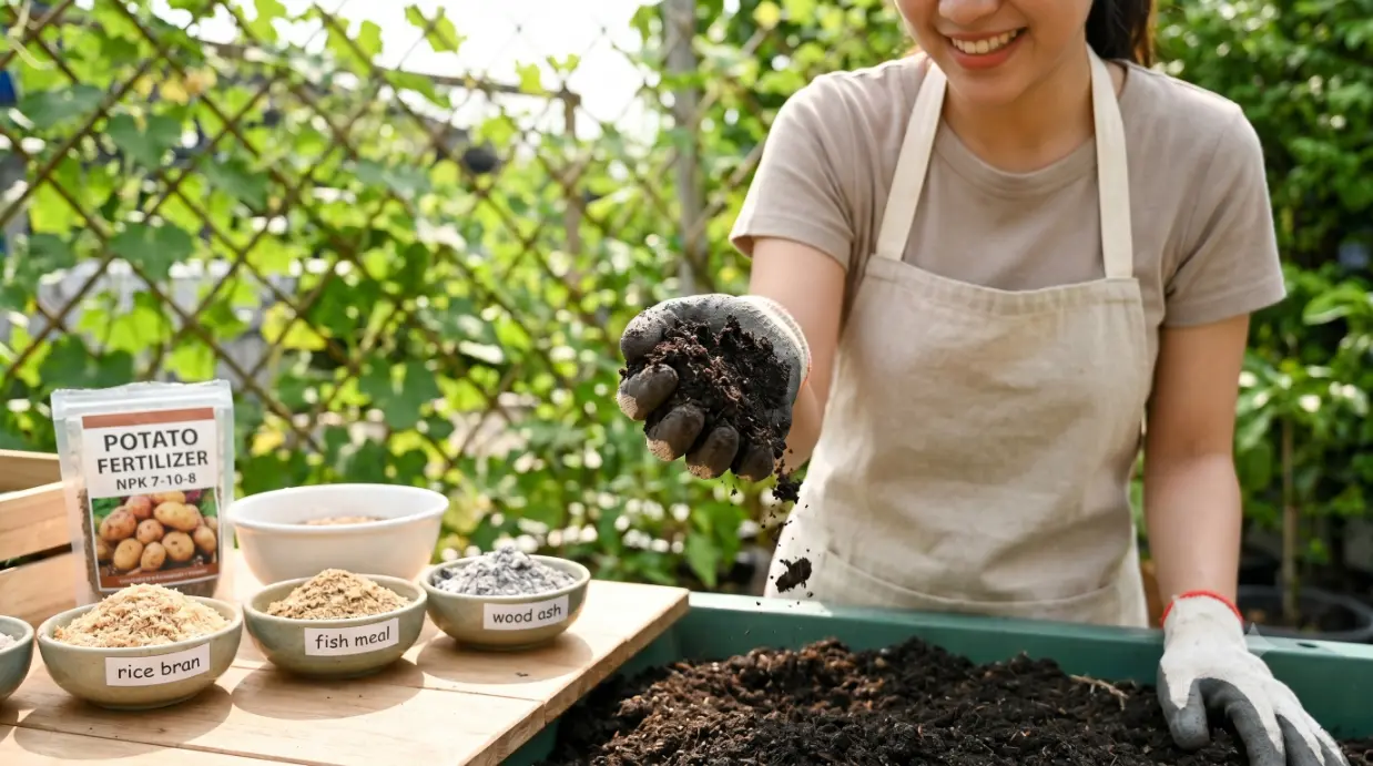 ジャガイモ栽培に最適な土作りと肥料選び。笑顔の日本人女性が豊かな堆肥を手に取り、米ぬかや有機肥料の基本を学ぶ様子。