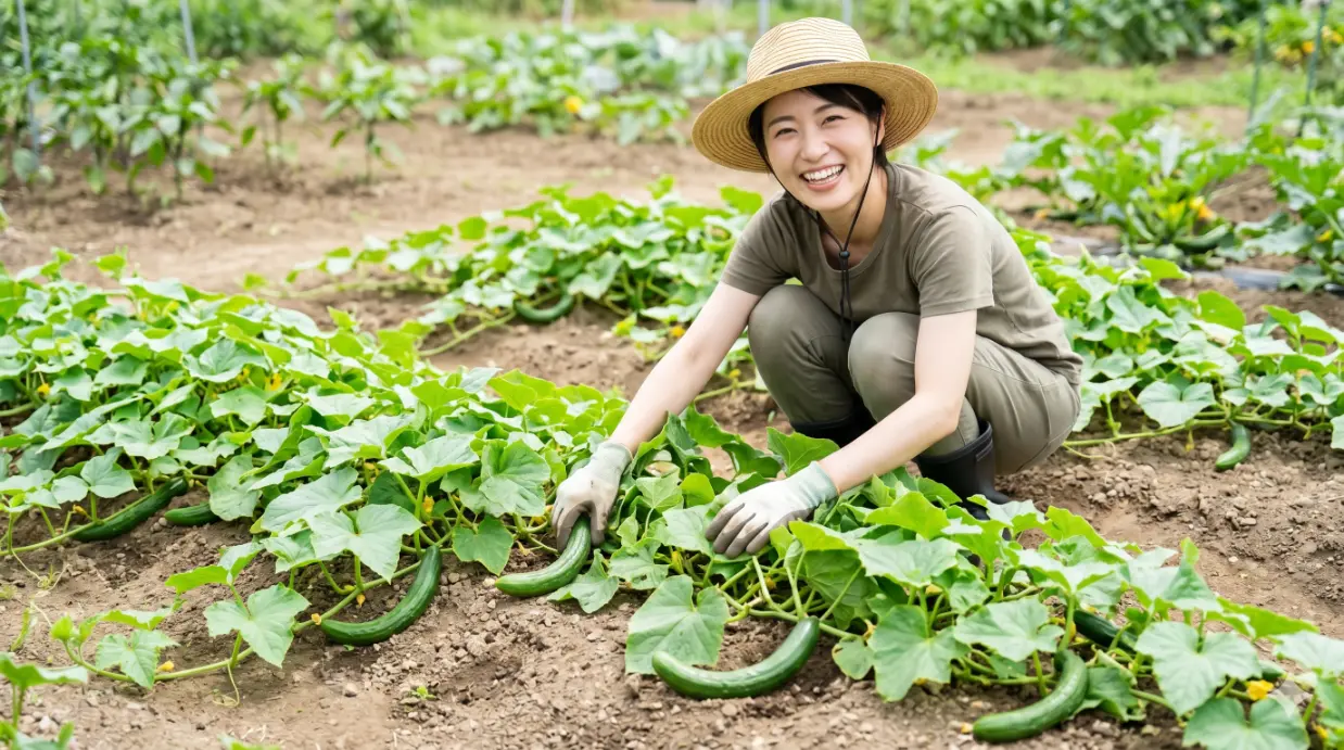 広々とした畑で、支柱を使わず自然な姿で地面を這うように元気に育つ地這いキュウリの株と、それを笑顔でケアする若い日本人女性。