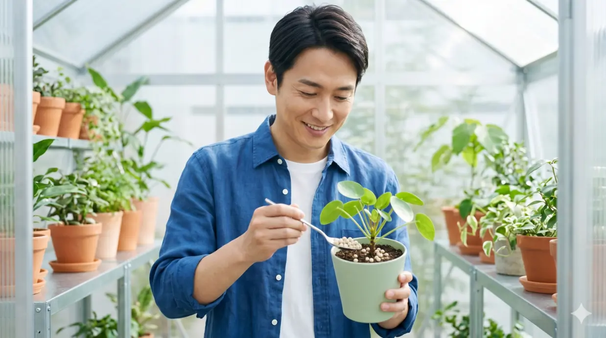 日本人の男性が清潔なビニールハウスで観葉植物にIB化成肥料を与える様子
