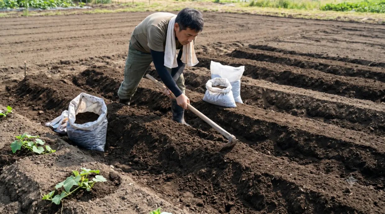 耕されたばかりのふかふかの土で、鍬を使って丁寧に高畝を作る日本人男性（40代）。手前には完熟堆肥や苦土石灰の袋が置かれ、入念な土作りが行われている様子を示す。