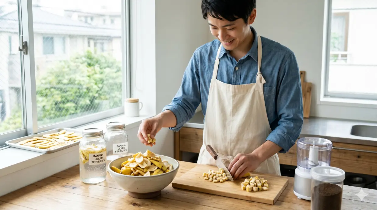 明るいキッチンカウンターで、日本人男性がバナナの皮を細かく刻む作業。カウンターには乾燥させるための天日干しトレイ、発酵液肥を作るガラス瓶、粉末にするためのフードプロセッサーと完成した肥料が並び、カビや虫を防ぐ衛生的な手作りの工程を分かりやすく解説している。
