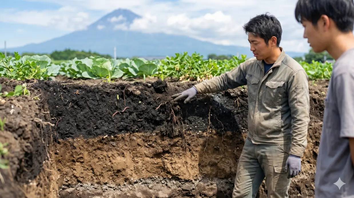 富士山を望む富士宮市の畑で、黒ボク土の深い土壌断面を示す agriculturist。卵殻粉末による改良で、ふかふかの団粒構造が形成されている。
