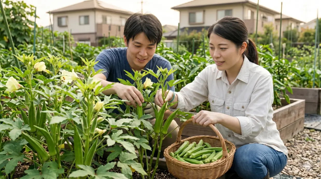 日本人の夫婦が、密集して育つオクラ（密植栽培）の株から柔らかい実を収穫する様子。