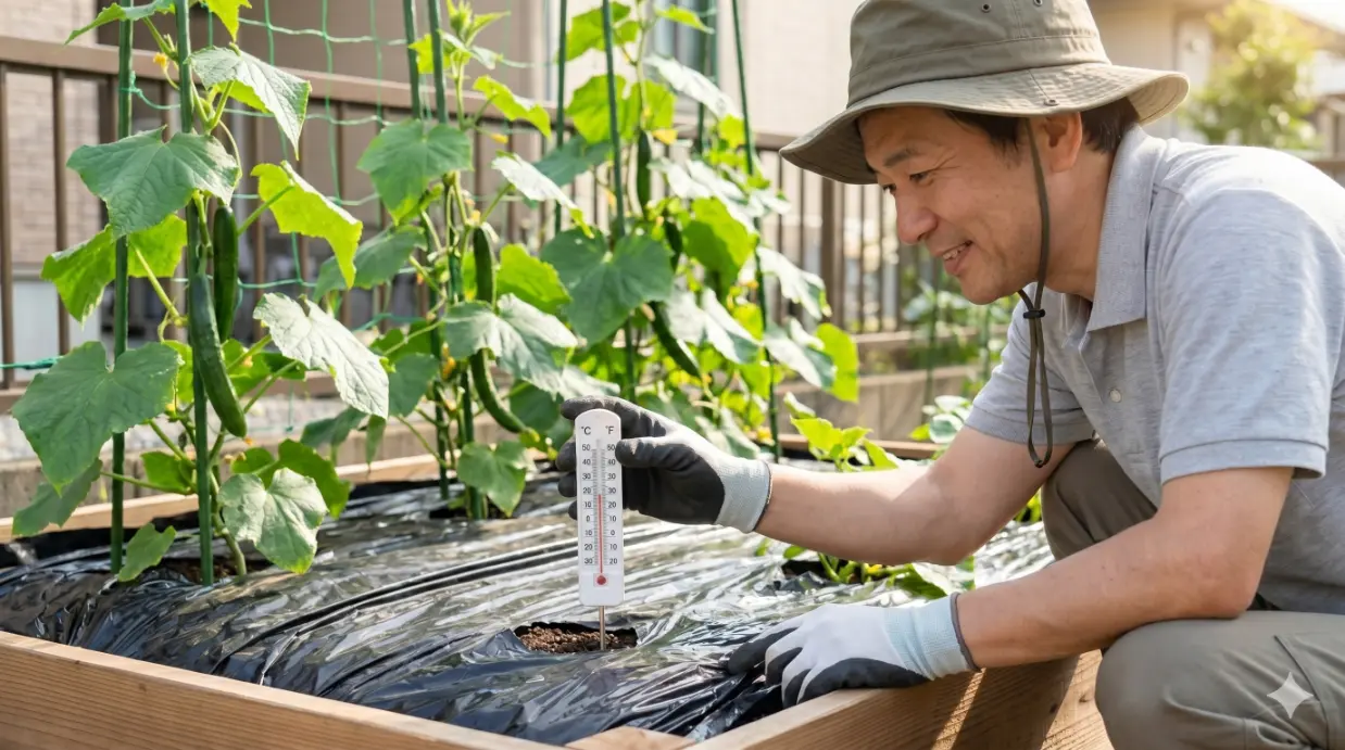 初夏の畑で地温計を使いキュウリの植え付け適温を確認する日本人男性