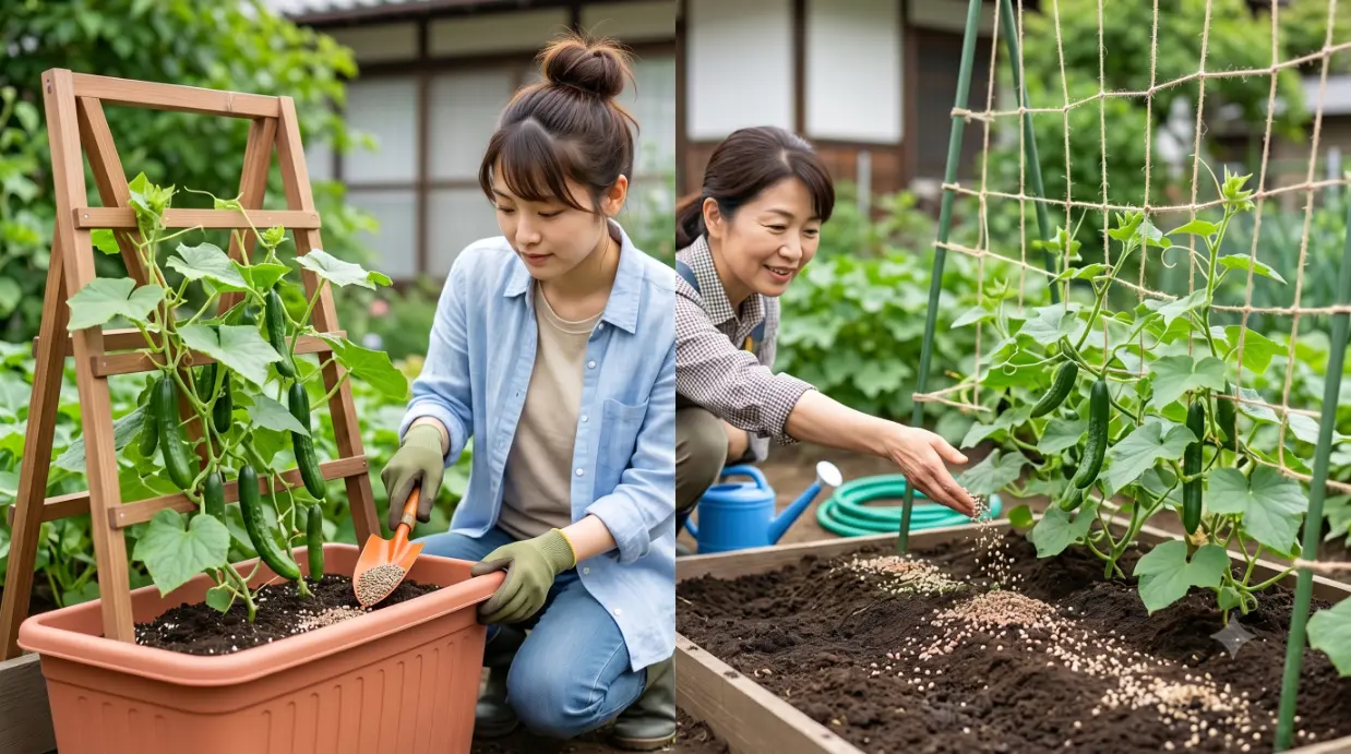 日本人女性ガーデナーが、プランターと露地の異なる栽培環境でのキュウリへの追肥を、それぞれ正しい位置（プランターは容器の縁に沿って、露地は畝の肩に浅い溝を掘って）で行っている様子を比較した、教育的な16:9の写真。