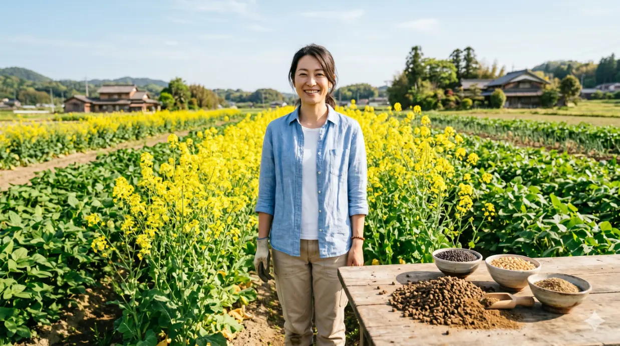 満開の菜の花畑の前に立つ笑顔の女性農家の写真。彼女の前の木製テーブルには、数種類の異なる種類の動物飼料や穀物が入ったボウルが置かれている。遠景には伝統的な日本の農家や緑豊かな丘が見える。