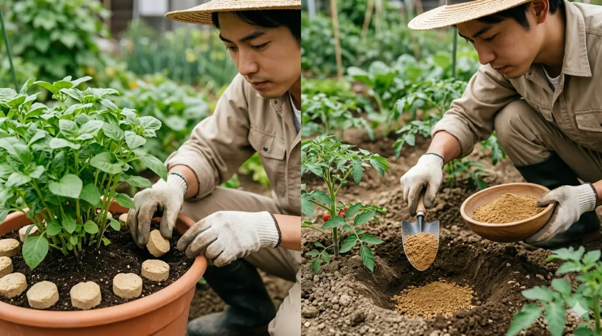 菜園の土に掘った浅い溝へ、植物の根元を避けながら丁寧に有機肥料を撒く人の手元