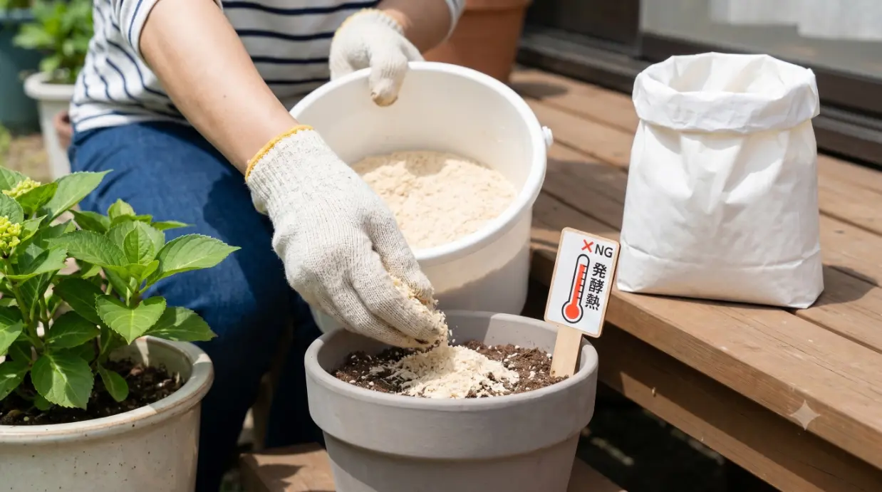 園芸用手袋をした手が、庭植えの紫陽花の近くで米ぬかを土に混ぜ込んでいる。近くには、生米ぬかの直接施用を警告する小さな立て札(発酵熱とカビのイラスト)がある。