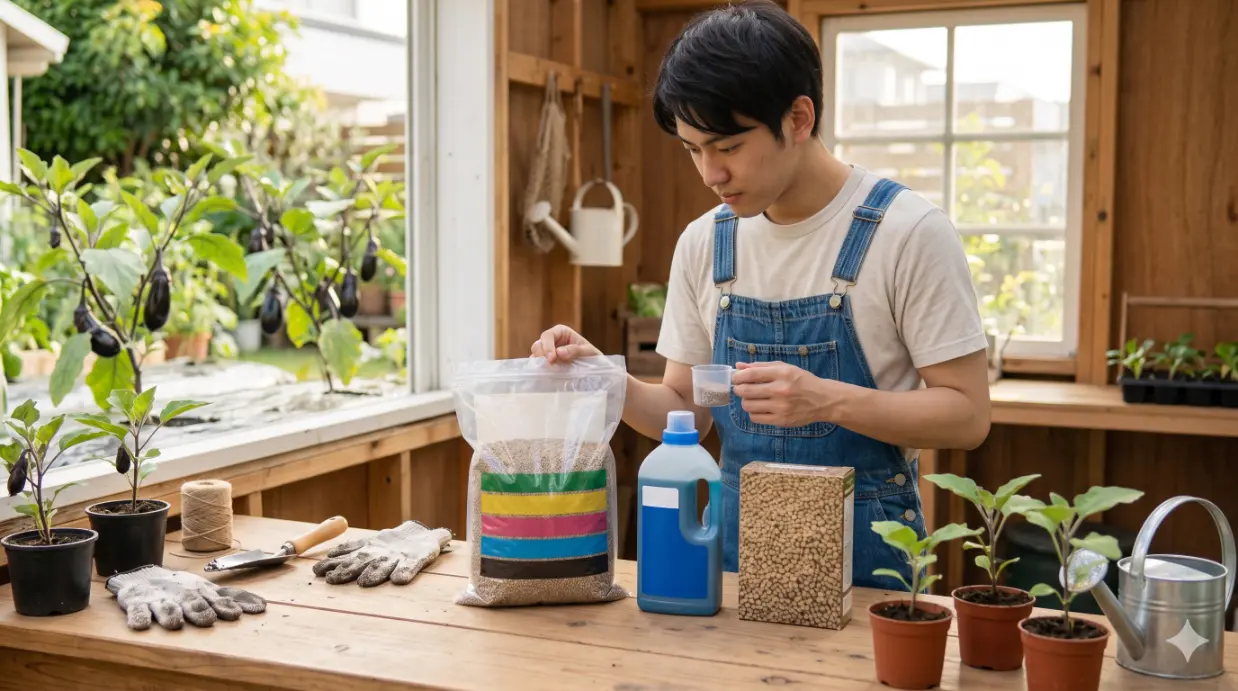 日当たりの良い作業台で、粒状、液体、有機ペレットなど様々な肥料製品の成分表示を比較・検討する、オーバーオール姿の日本人男性。