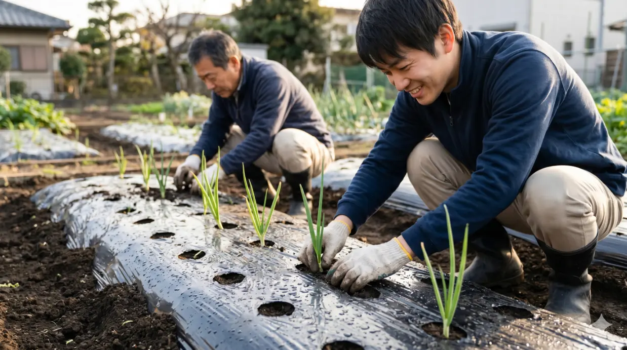 美味しい玉ねぎを収穫するために、成長サイクルに合わせた肥料管理のタイミングを学ぶ親子。