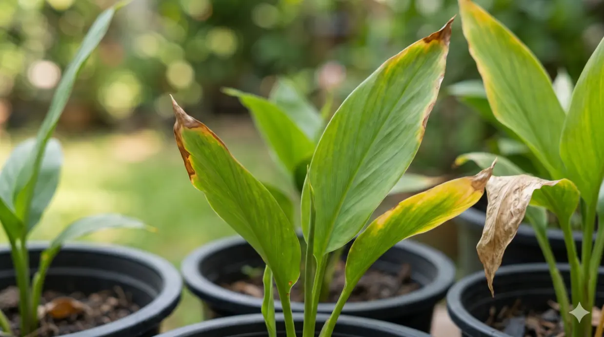 葉先が茶色く枯れたり、縁が黄色くなったり、乾燥して萎れたりするなど、肥料焼けの様々な初期症状を示す鉢植え植物のクローズアップ。