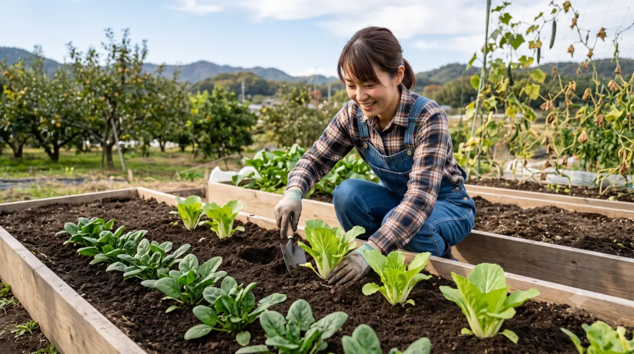 キュウリの後作として、白菜やほうれん草などの秋冬野菜を丁寧に植え付ける女性の様子