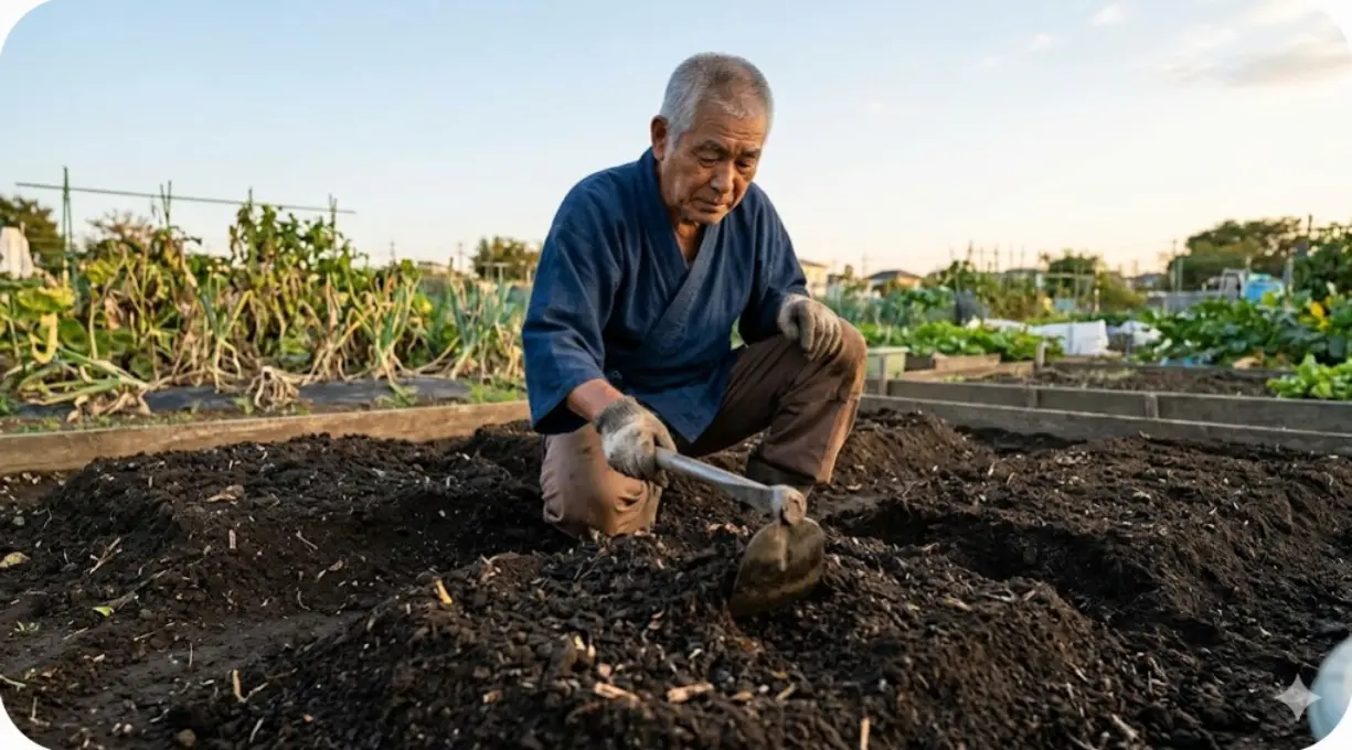 市民農園で完熟堆肥を混ぜ込み、秋キュウリのための高畝を作る日本人の男性