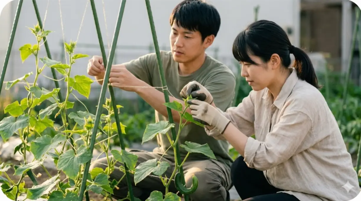 親づるを摘心し、栄養を実に集中させる作業をする日本人の若い夫婦