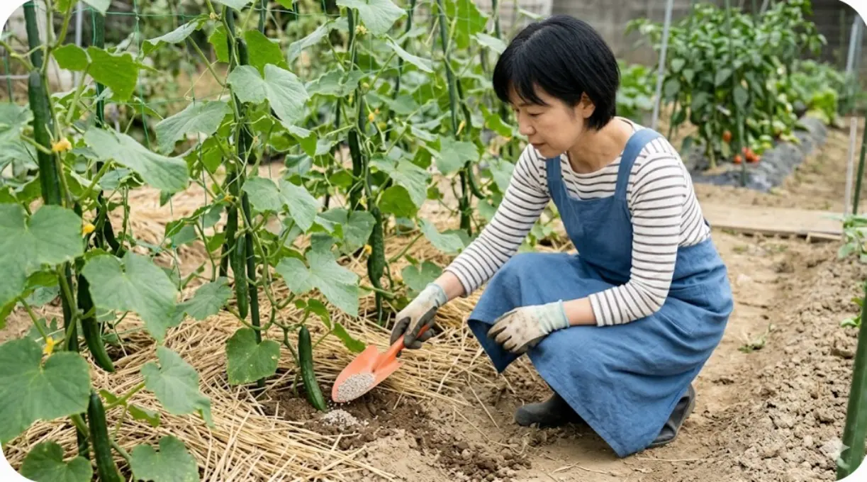 収穫が始まった秋キュウリに化成肥料を追肥する日本人の女性