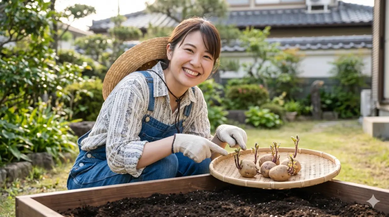 アジア人の若い女性が、庭で秋ジャガイモの種イモと、すでに短い芽が出ているものを竹製のトレイに並べている様子。背景には緑豊かな家庭菜園が見え、成功への第一歩を表現している。