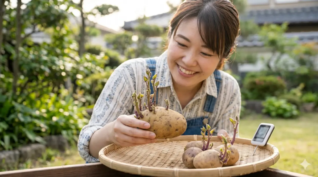 庭で笑顔を見せるアジア人の若い女性が、手に取った大きな丸ごとの種イモから力強く緑色に伸びた芽を指差している。竹製トレイには他の芽が出たイモもあり、成功した芽出しの様子を強調している。
