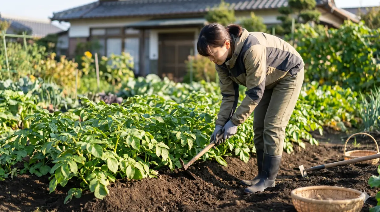 秋の爽やかな朝、日本の女性園芸家が、青々と茂る秋ジャガイモの株元に、小さな鍬を使って土を寄せる作業をしている。イモの緑化を防ぎ、成長を促進するための重要な管理手順を実践中。