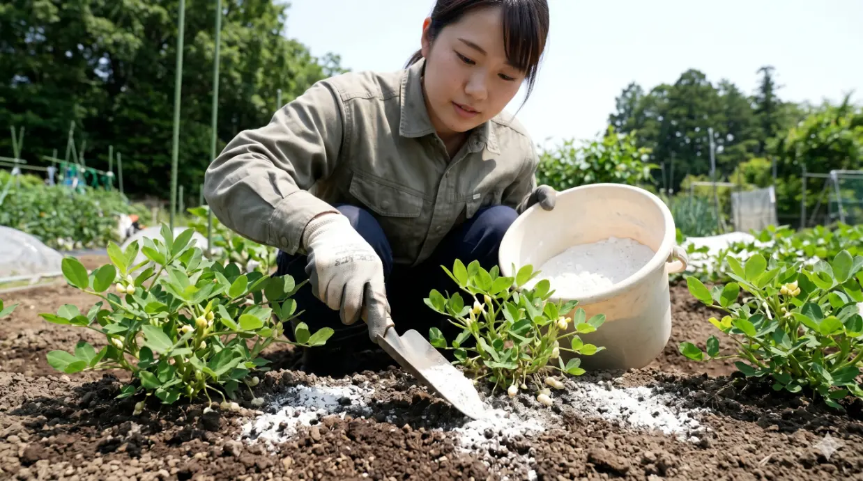 落花生の空莢対策として、日本人の若い女性が株元に石灰を丁寧に追肥している様子。開花期に実を太らせるための重要な作業。