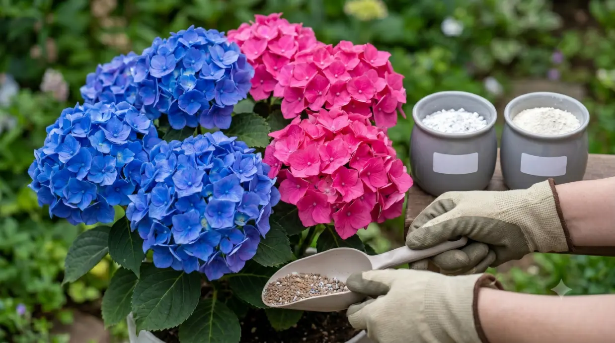 同じ株から咲く青とピンクの紫陽花を接写し、肥料(ミョウバンと石灰)で土壌酸度を調整する様子を解説するイメージ図。
