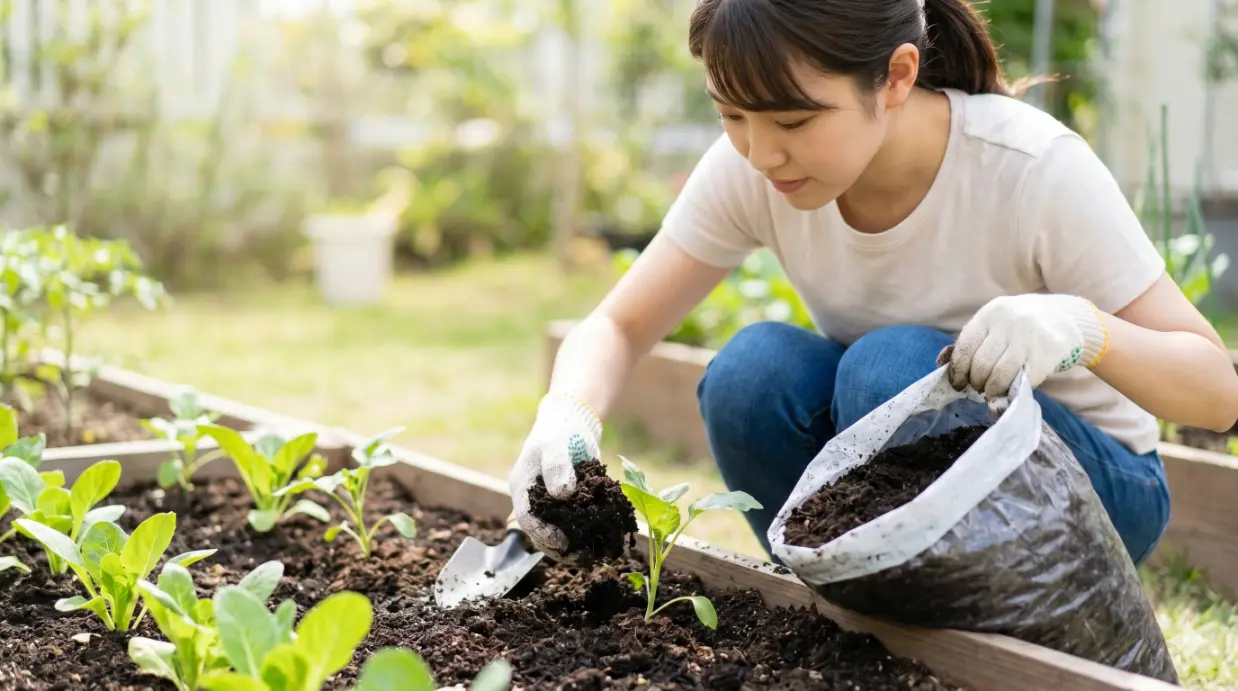 花壇の野菜の苗の周りに、ガーデニンググローブを着用した若い日本女性が、袋から堆肥を注意深く混ぜ入れている、土づくりによる肥料焼け対策の様子。