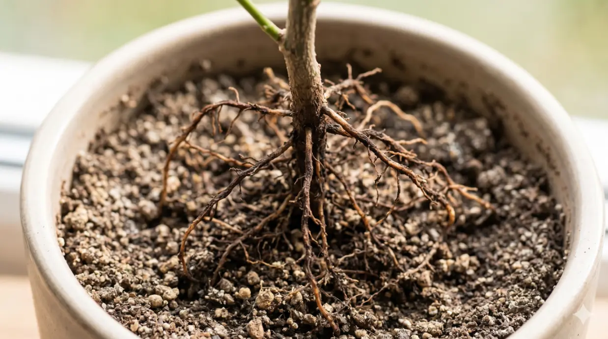 乾燥して茶色く萎縮した、肥料焼けの初期症状を示す植物の細根のクローズアップ。