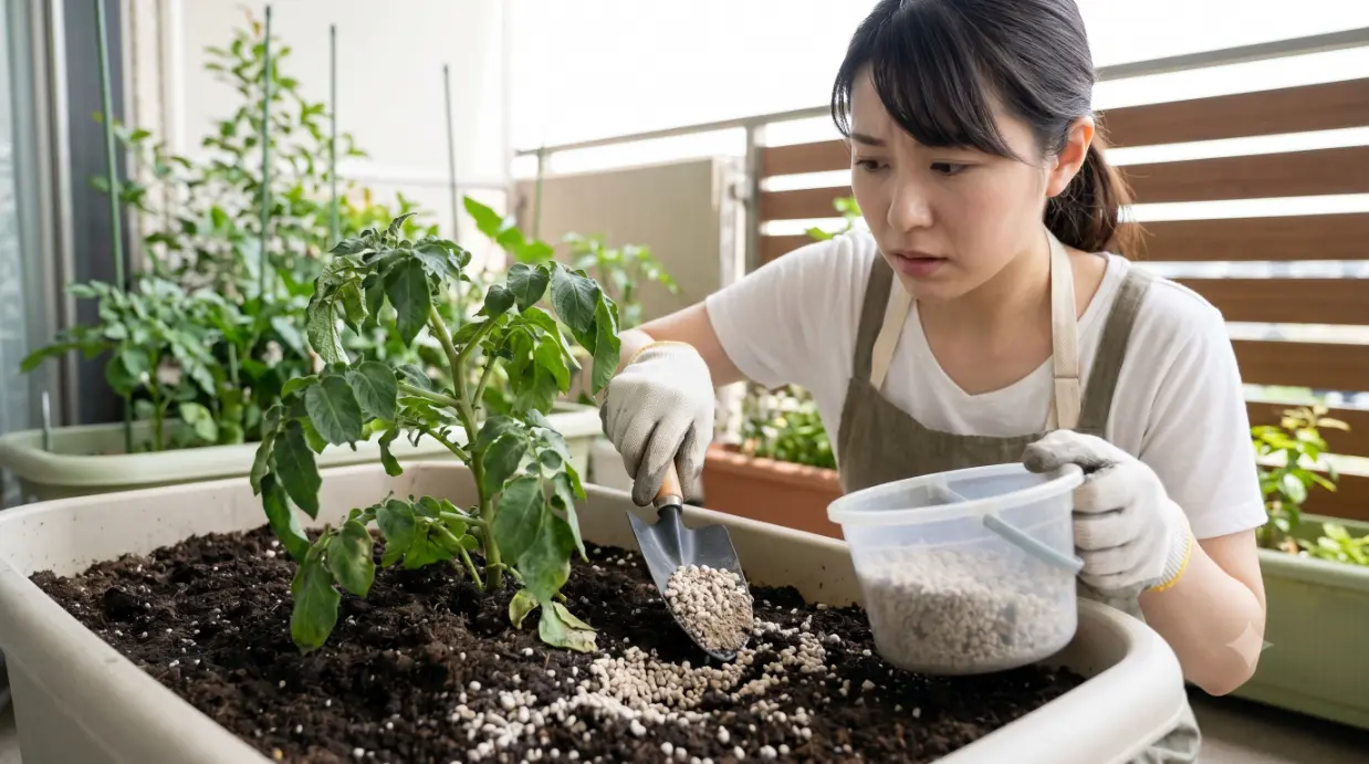 ジャガイモの肥料過多（つるぼけ）対策。プランター栽培で、表面に残った固形肥料をスコップで丁寧に取り除く日本人女性。応急処置の様子。