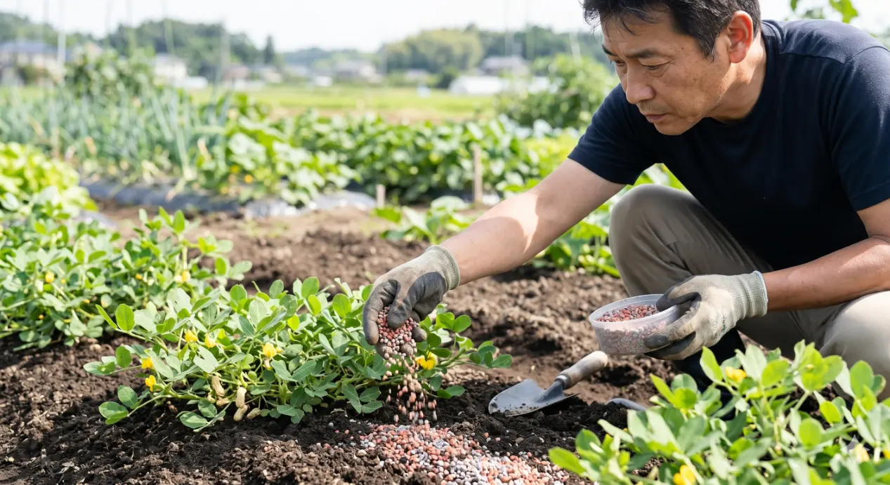 日本人の男性農家が、黒ボク土の畑で落花生の株元にリン酸・カリウム主体の粒状肥料を手で撒いている様子。実を太らせるための追肥テクニック。