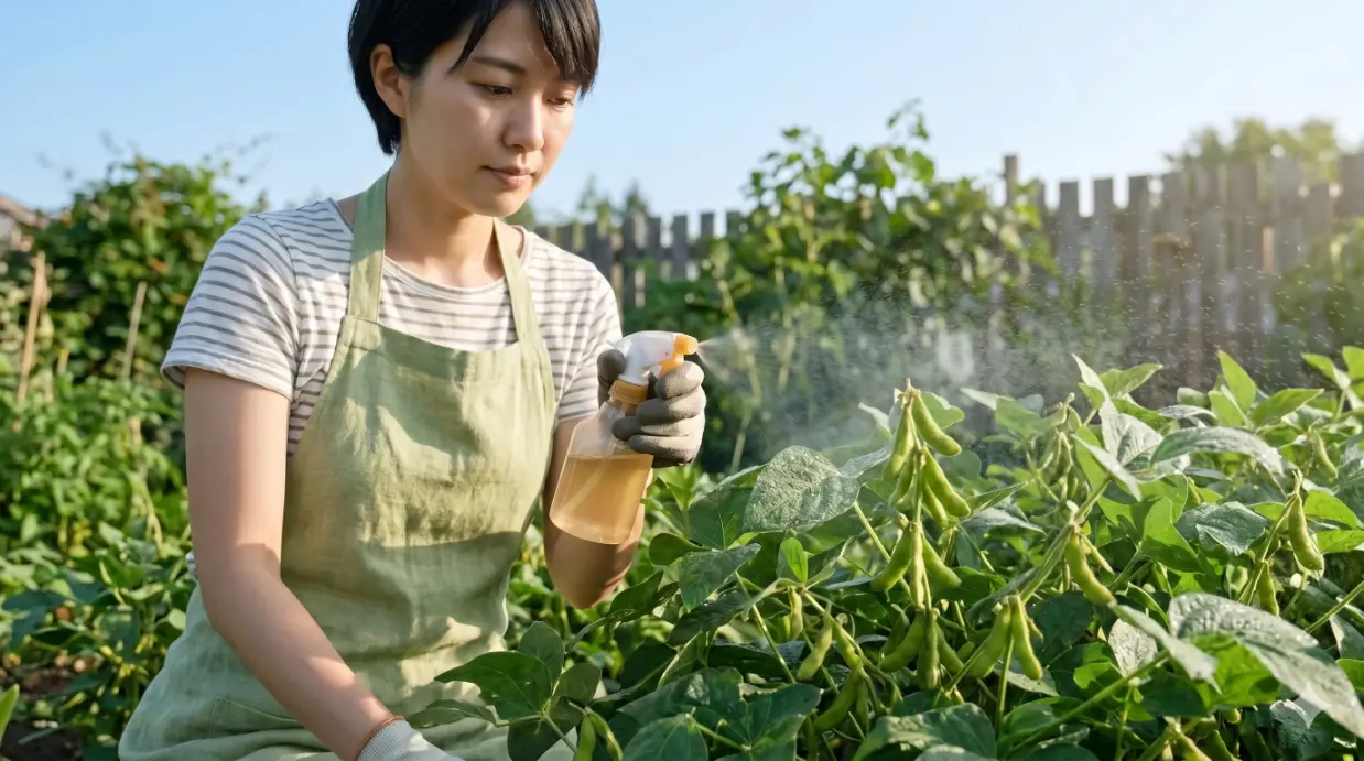 早朝の柔らかな光の中で、日本人女性がスプレーボトルを使い、枝豆の葉裏まで丁寧に葉面散布を行う様子。栄養補給と光合成促進の効果。