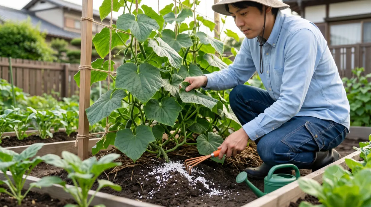 キュウリの過剰な窒素肥によるつるぼけ症状（巨大化したデコボコの葉と太いつる、実がつかない様子）を観察し、対策として土壌表面の余分な化成肥料を手で丁寧に取り除く日本人男性ガーデナーの様子。16:9のアスペクト比。